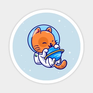 Cute Cat Astronaut Hug Planet In Space Cartoon Magnet